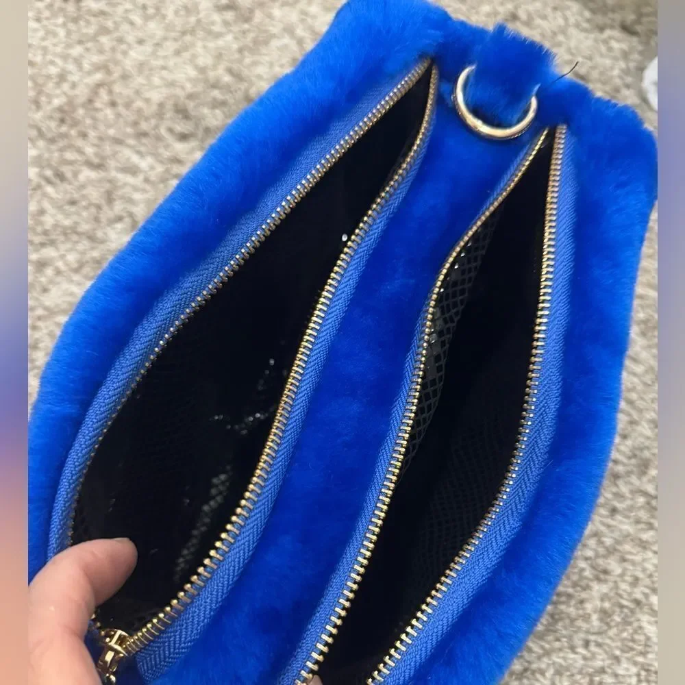 Premium Shearling Leather Double Zip Pillow Bag, Lamb Fur Shoulder Bag/Crossbody
